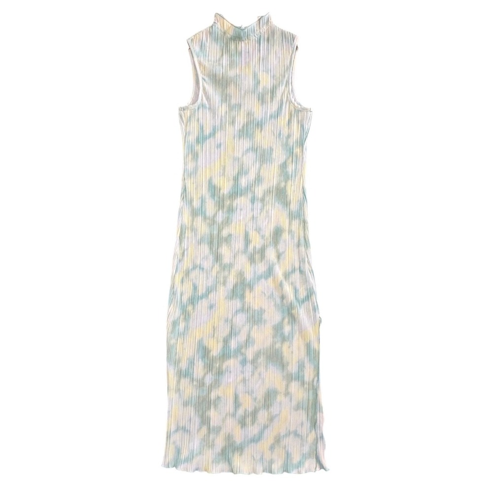 Y2K Fairycore Coquette Plisse Pleated‎ Midi Dress Abstract Pastel Green Yellow S